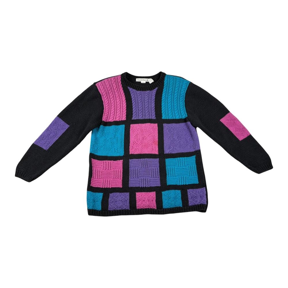 Vintage 80's Amanda Braendel Hand Knit Sweater Geometric Color Block Size Medium